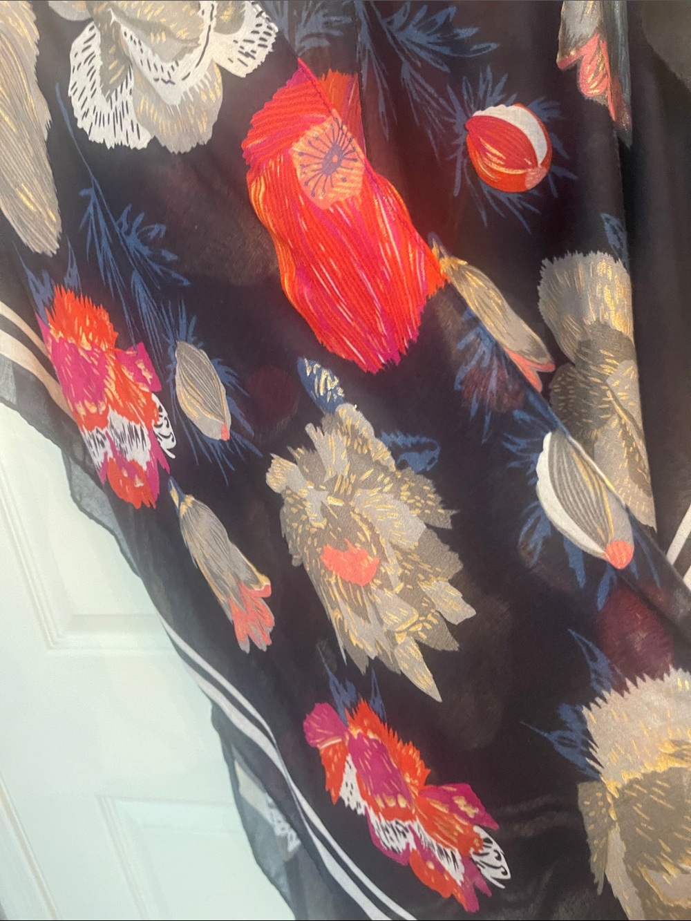 Navy Blue Floral light flowy Kimono with Fuchsia Orange & Gray Blooms NWOT - Picture 2 of 7